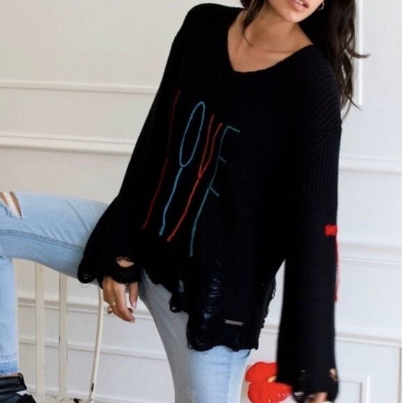 NWOT Peace Love World Destructed Affirmation V-Neck Sweater Black Sz Medium - Picture 1 of 9